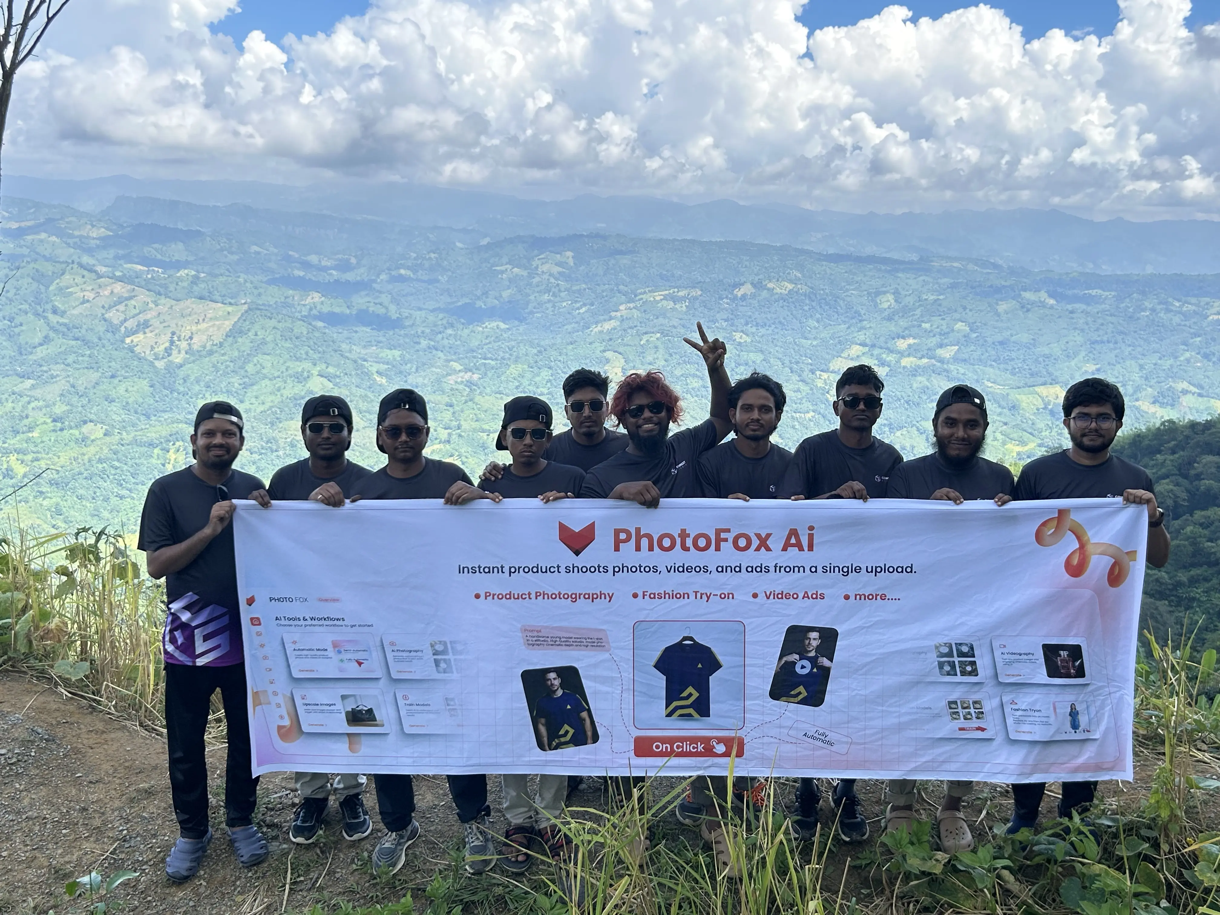 Team members collaborating for PhotoFox AI banner photoshoot during Bandarban retreat 2025