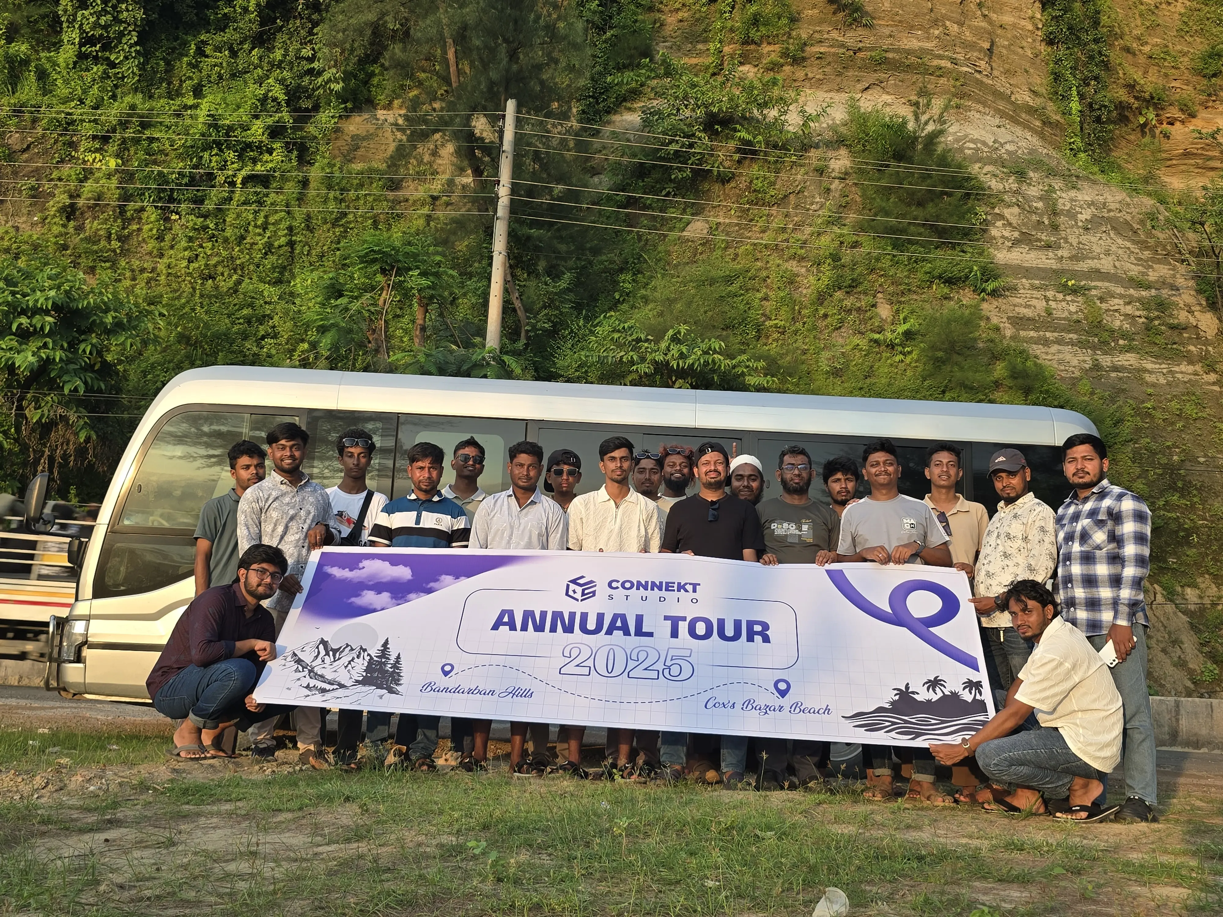 Complete ConnektStudio team assembled for a banner photoshoot at Cox's Bazar beach 2025