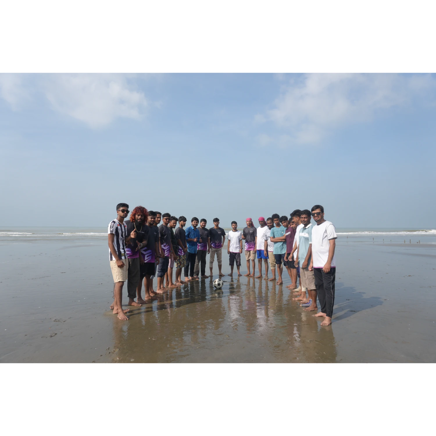 Football team with all tour members at Cox's Bazar sea beach